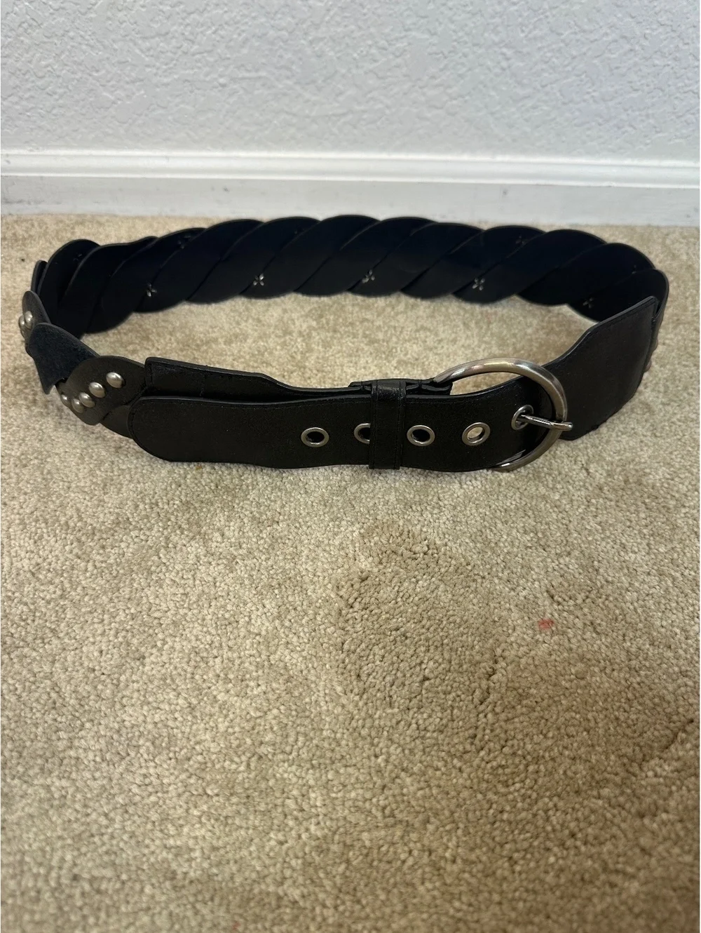 Black Braided Studded PU Leather Silver Toned Wide Belt Gothic Punk